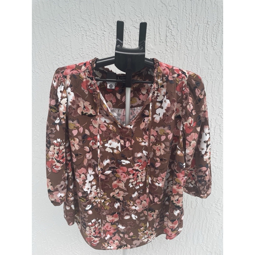 Torrid Womens Brown Floral Ruffle Tie Neck 3/4 Sleeve‎ Blouse Top Size 0 L 12